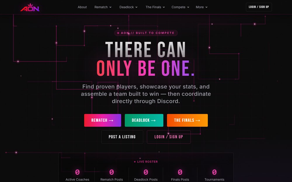 The All or Nothing Esports homepage, with its "There can only be one" hero and per-game entry points.
